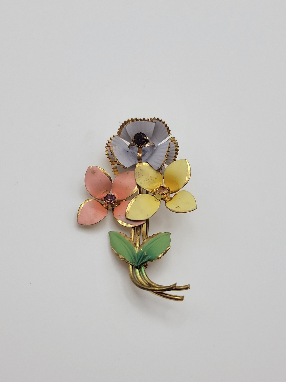 Vintage made in Austria Floral Enamel Brooch - Pink, Yellow, Lavender, Green